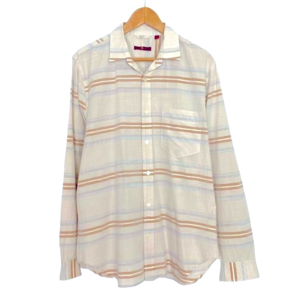 7 for all Mankind Striped Button Down Mens Shirt Large Cream Beige Long Sleeve